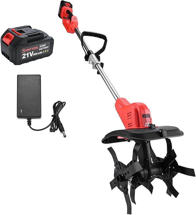 Brushless Cordless Tiller for Gardening,400 RPM Cultivators for Gardening Has Battery Capacity Display with 4.0 Ah Battery, Rototiller 11 in Tilling Width, 6 in Depth by SHINTYOOL