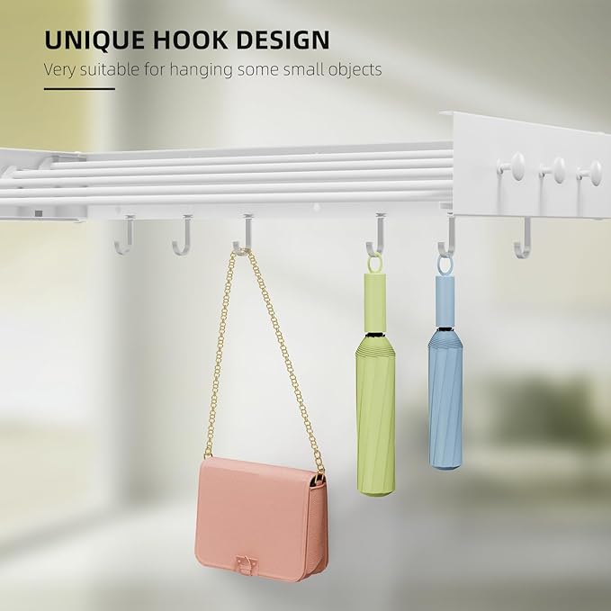 Drying Rack Clothing,Clothes Drying Rack Wall Mounted,Laundry Drying Rack Wall Mount,Foldable,Collapsible,60 lb Capacity 5 Aluminium Poles with 12 Hooks,Space Saving Clothes Drying Rack,White 40"