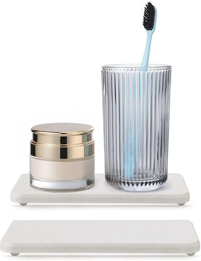 Water Absorbing Stone Tray for Sink | Quick Drying Diatomaceous Earth Coasters | Soap Dish Holder & Toothbrush Holder for Bathroom Counter | Hand Soap & Plant & Toiletries | Light Grey 2-Pack