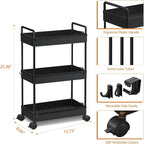 Ronlap 3 Tier Slim Rolling Storage Cart with Wheels Plastic Utility Cart Organizer for Snack Craft Art Postpartum Baby Diaper Nail Makeup in Bathroom Laundry Room Kitchen Bedside Narrow Space, Black