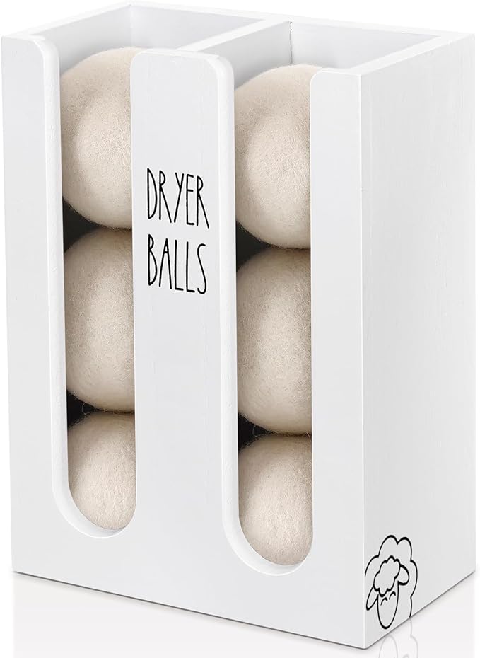 Magnetic Dryer Ball Holder for Laundry Room, Wood Dryer Ball Container Wall Mount, Laundry Dispenser Basket (White)