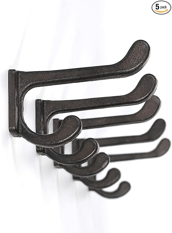 Ambipolar 5 Pack Decorative Cast Iron Heavy Duty Double Hooks, Wall Mounted Coat Hooks, Vintage Inspired (Antique Black) (Modern Type)
