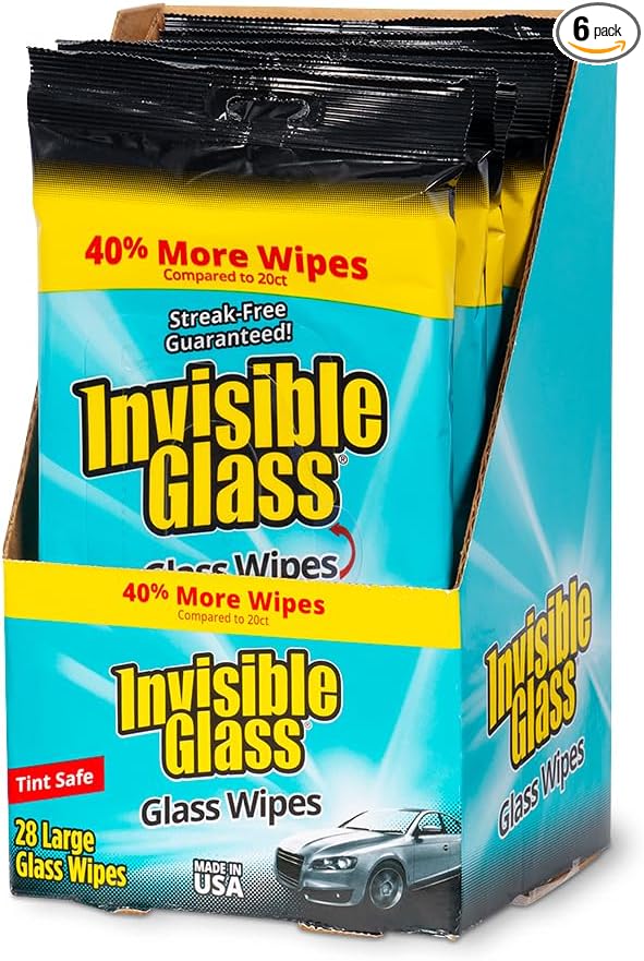 Invisible Glass 90161-6PK Large Glass Cleaning Wipes for Streak-Free Windows, Mirrors, and Glass, Lint-Free, Ammonia-Free, Tint-Safe, for Home and Auto, Flat Pack, 28 Wipes, Pack of 6