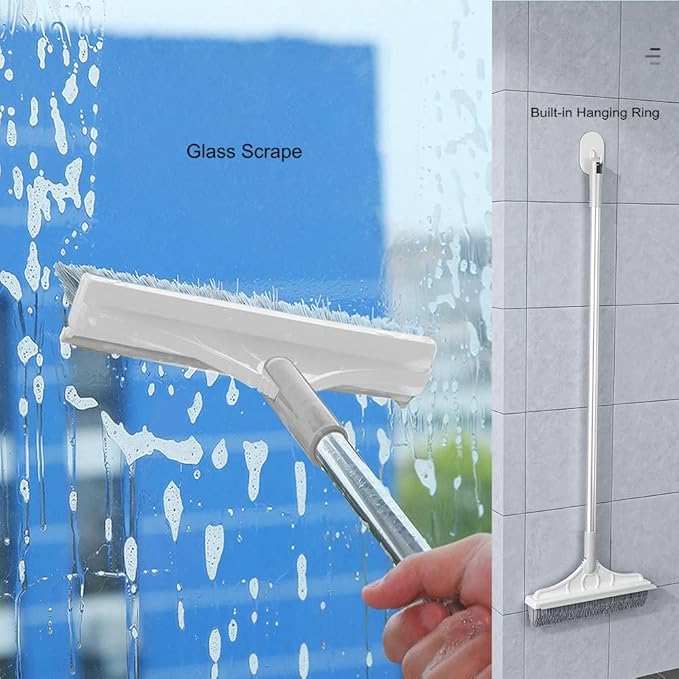 2 in 1 Floor Brush Scrubber with Long Handle Grout Brush 3 Poles 53.5'' New Upgrade Stiff Bristle Cleaning Scrub Brush with Squeegee 120°Rotating Tile Brush for Cleaning Bathroom Glass Patio Kitchen