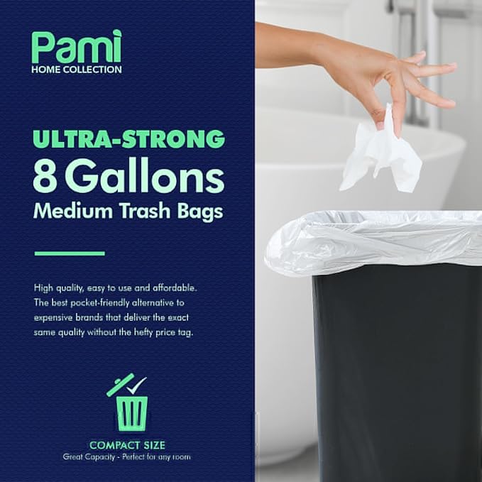 PAMI Medium 8-Gallon Trash Bags 100-Pack, White - Strong Multipurpose Plastic Wastebasket - Unscented Can Liners For Kitchen Bathroom Office-Garbage Bags, 1ft x2ft