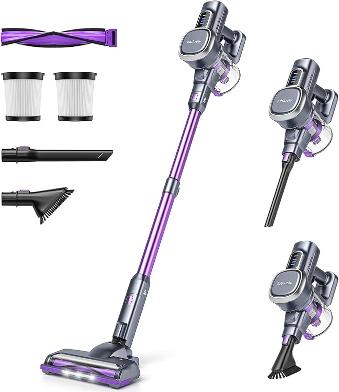 Lubluelu Upgraded 45kPa Cordless Vacuum Cleaner, Freestanding Stick Vacuum with Powerful Suction, Up to 50mins Runtime, Rechargeable and Portable Vacuum Cleaner for Pet Hair, Carpet, Hard Floor