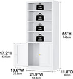 Bookcase with Doors and Adjustable Shelves, 55" Tall Metal 5-Tier Storage Cabinet, Freestanding Bookshelf for Living Room, Home Office, Bedroom, Kitchen Pantry Organizer Rack (White)