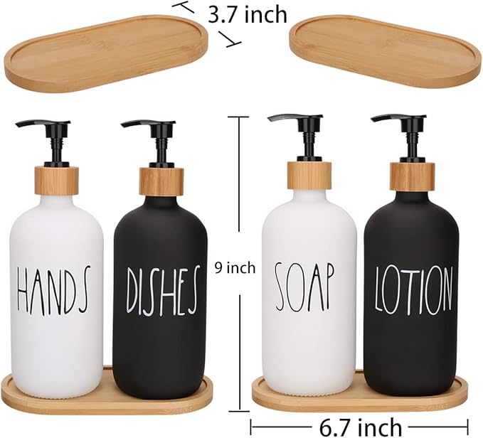 4 Pcs White and Black Hand and Dish Soap and Lotion Dispenser Set with Tray Farmhouse Decor for Bathroom Kitchen Sink