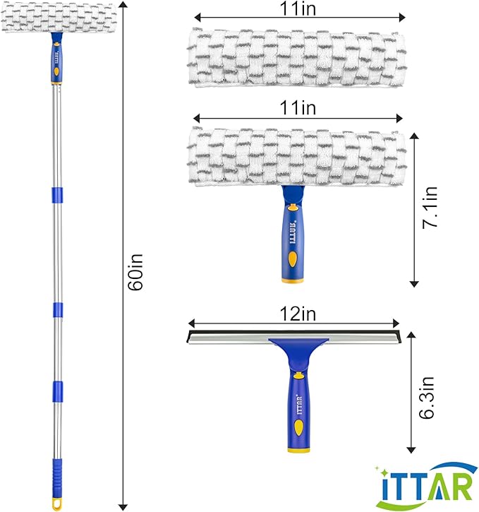 ‌ITTAR Window Squeegee Cleaner Kit, 5Ft Extendable Stainless Steel Pole with Rotatable Rubber Squeegee & 2 Microfiber Scrubber Pads, Professional Window Cleaning Tool for Home, Shower, Car, Windshield