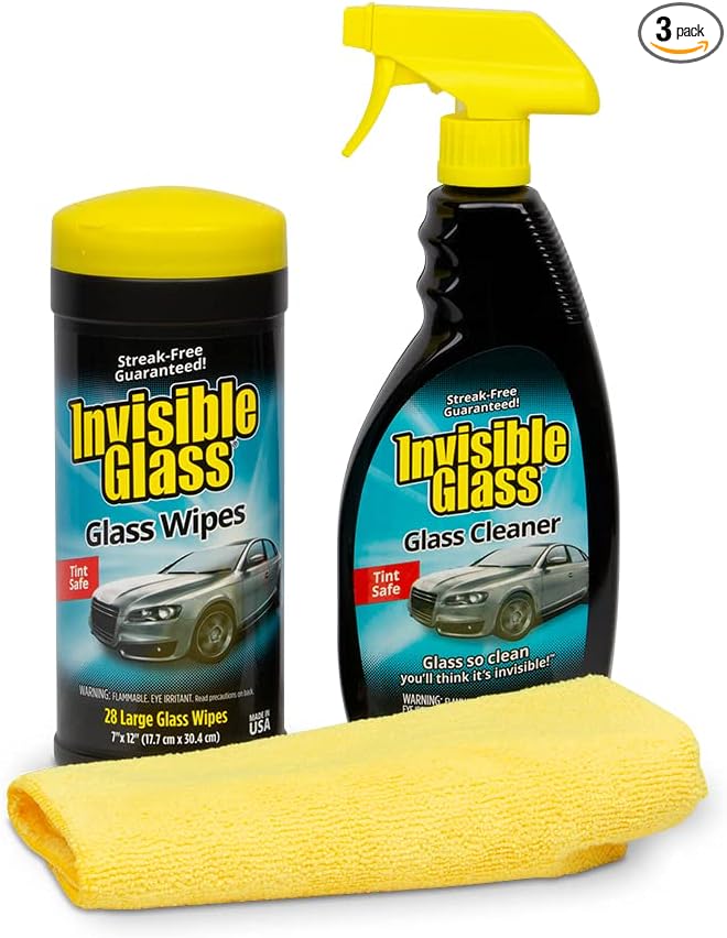 Invisible Glass 99611 Auto Glass Cleaner Kit with Streak Free Premium Glass Cleaner Spray, Glass Cleaner Wipes, and Microfiber Perfect Kit for Quick and Easy Glass Cleaning Tint Safe