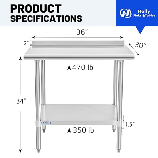 Hally Stainless Steel Table for Prep & Work 30 x 36 Inches, NSF Commercial Heavy Duty Table with Undershelf and Backsplash for Restaurant, Home and Hotel
