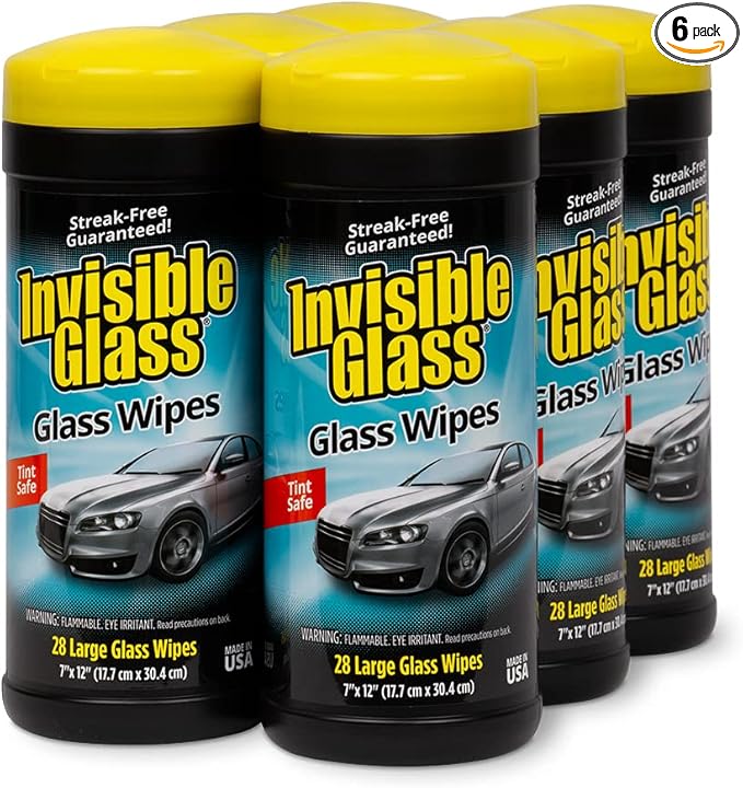 Invisible Glass 90166-6PK Large Glass Cleaning Wipes for Streak-Free Windows, Mirrors, and Glass, Lint-Free, Ammonia-Free, Tint-Safe, for Home and Auto, Canister, 28 Wipes, Pack of 6