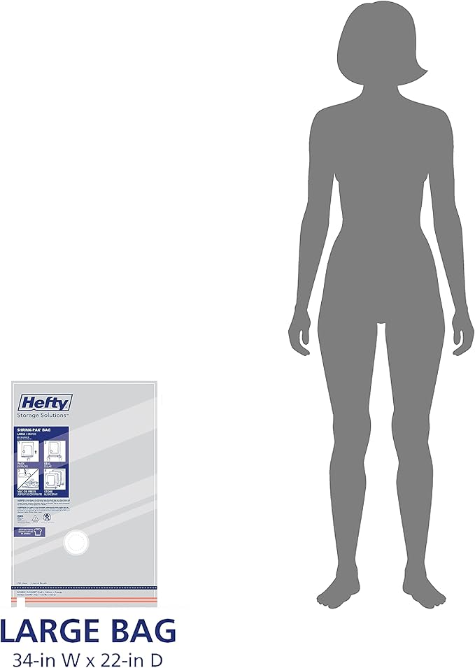 Hefty Shrink-Pak Heavy Duty Vacuum Storage Bags – For Clothes, Pillows, Towels, Blankets & More – Space Saver Vacuum Suction Seal for Home or Travel – 4 Large Bags, 34 x 22 Inches