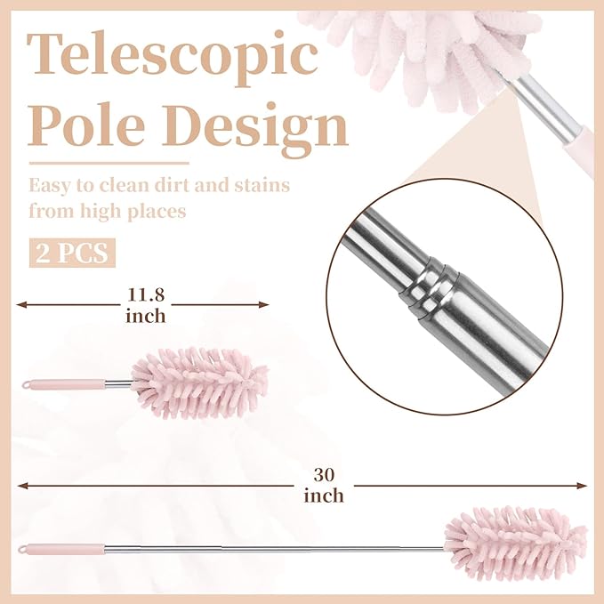 2 PCS Car Interior Duster with Extension Pole, Microfiber Car Duster with Bendable Head, Cars Dusters Exterior&Interior Scratch Free, for Cleaning of Vehicle Details, Offices, Windows(Pink)