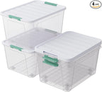 4-Pack Clear Plastic Storage Box with Wheels, 85 Quart Large Plastic Storage Bins with Latch Lids