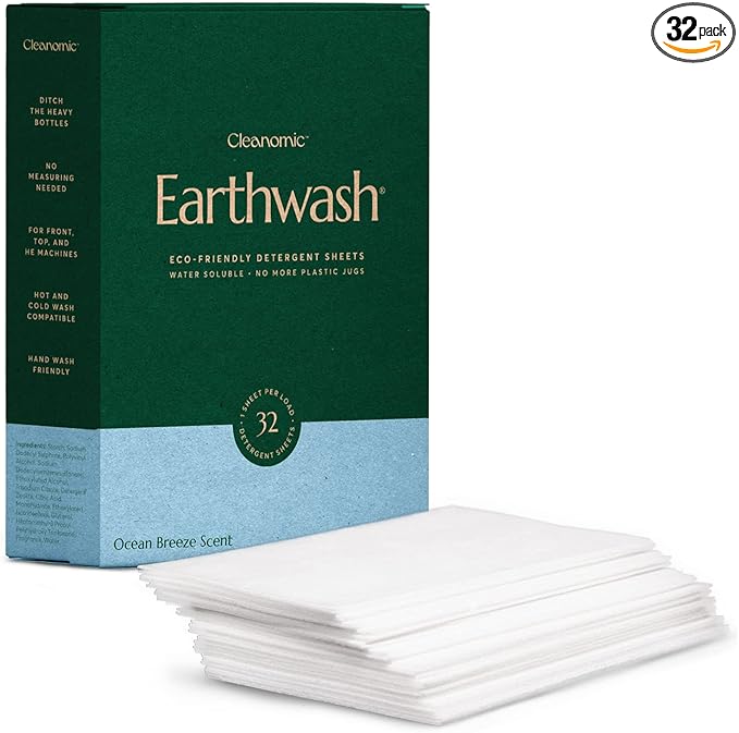 earthwash Laundry Sheets, Ocean Breeze (32 Loads), The Perfect Hypoallergenic Plastic Free Detergent Strips, Ideal for TravelHome. Biodegradable-Easy Dissolve, True Eco-Wash, 32 Count (Pack of 1)
