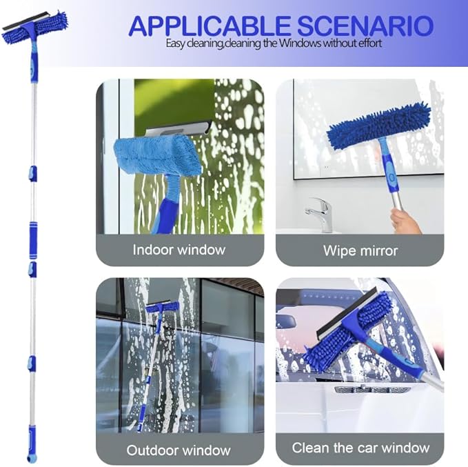 LOMIDA Professional Window Squeegee Kit - 62" Lightweight Aluminum Pole, 2 in 1 Rotatable Window Cleaning Tool Kit with Extension Pole Cleaning with Bendable Head for Car/Shower/High Windows