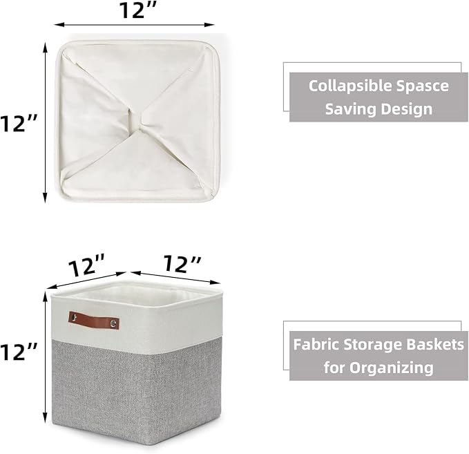 HNZIGE Storage Basket(4 Pack) Fabric Baskets for Organizing Clothes Closet,Towels,Cube Storage Bins,12x12 Storage Cube basket with Handles for Shelves,Toys,Blankets,Office,Room Storage(White&Grey)