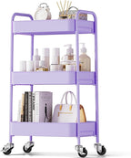 TOOLF 3-Tier Metal Rolling Cart with Wheels, Storage Utility Organizer Cart for Kitchen, Bathroom, Office, Baby Essentials & Makeup - Lockable Casters, Easy Assembly, Large Capacity, Purple