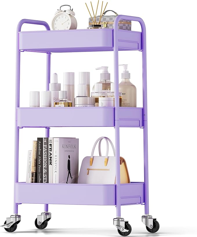 TOOLF 3-Tier Metal Rolling Cart with Wheels, Storage Utility Organizer Cart for Kitchen, Bathroom, Office, Baby Essentials & Makeup - Lockable Casters, Easy Assembly, Large Capacity, Purple