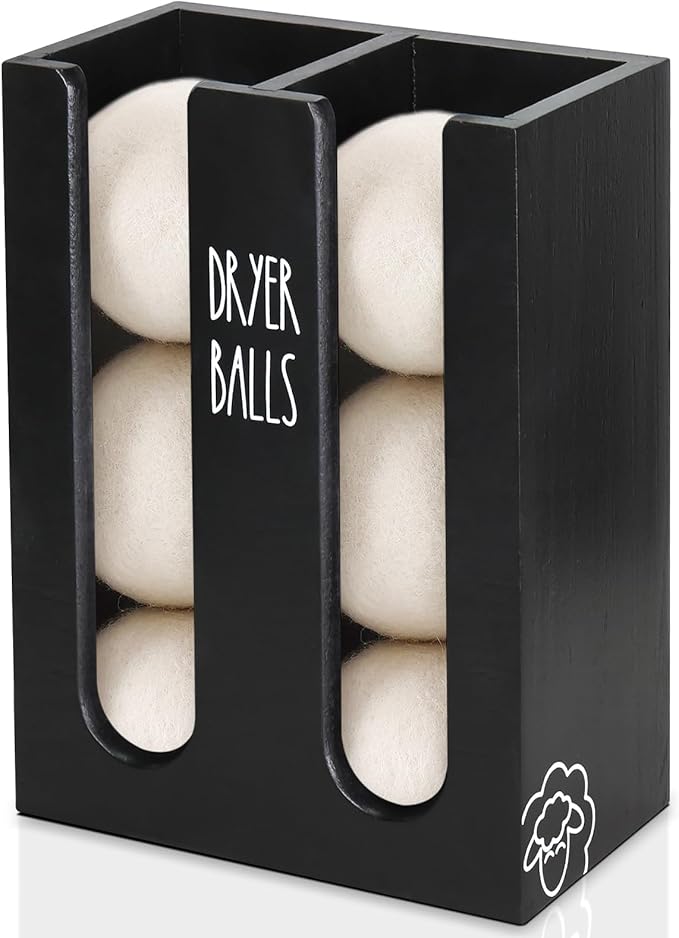Magnetic Dryer Ball Holder for Laundry Room Organization, Wood Dryer Ball Container Wall Mount, Dryer Balls Organizer for Laundry Room Storage, Laundry Wool Dryer Ball Dispenser Basket (Black)