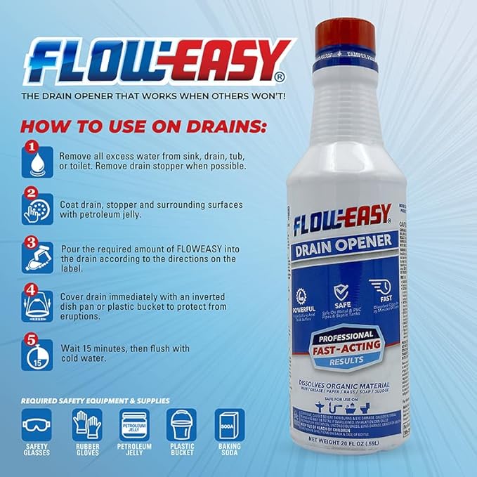 Flow-Easy Professional Virgin Sulfuric Acid Drain Opener – 6 Pack (32oz Bottles) – Fast-Acting Liquid Clog Remover for Grease, Hair, & Soap Scum – Septic Safe & Industrial Strength