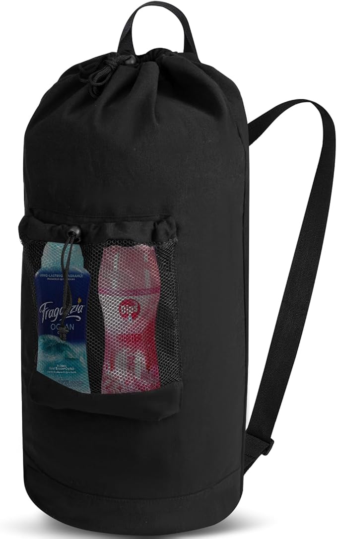 Canvas backpack laundry bag, laundry backpack with shoulder straps and mesh pockets, durable laundry basket bag with drawstring closure, suitable for college, laundromats, and apartments.