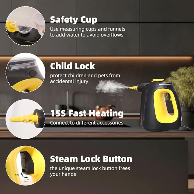 Steam Cleaner, Pressurized Handheld Steam Cleaner for Home 1350W with 10-Piece Accessory Set. 530ML Large Capacity Natural Multipurpose Portable Steamer with Safety Lock for Bathroom, Home.