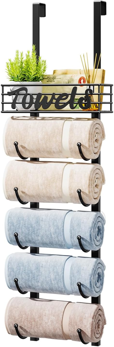 HapiRm Towel Racks for Bathroom Storage - 6 Tier Over The Door & Wall Mount Rolled Towel Storage Organizer Holder with Metal Shelf Basket for Small Bathroom, Camper, Rv - Black, Patented