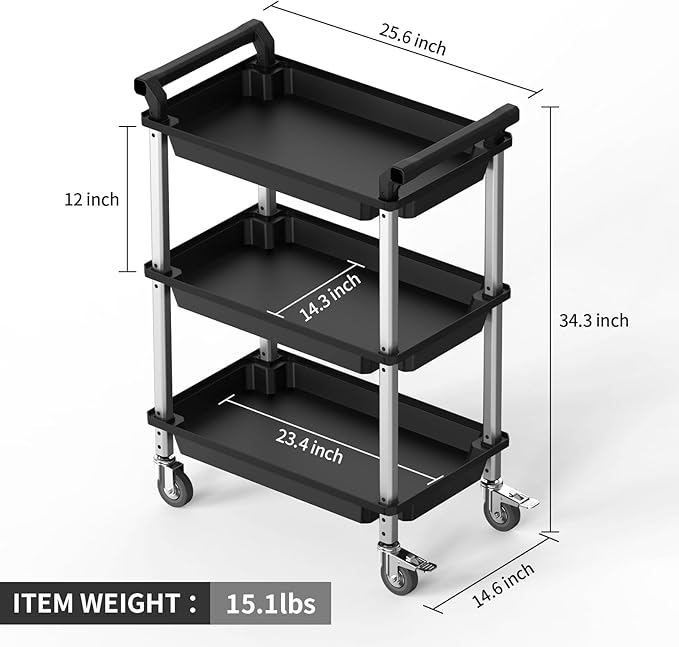 3 Tier Rolling Cart,Plastic Utility Cart with Handle,Rolling Carts with Wheels,Utility Cart with Lockable Casters, Multi-Functional Organizer Cart for Bedroom, Living Room, Kitchen,Office(Black)