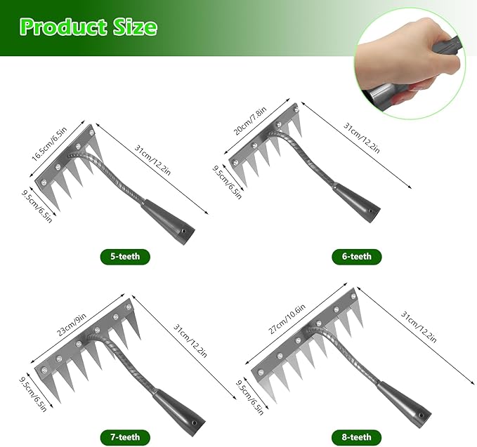 Iron Weeding Rake 2.0, New 5/6/7/8 Teeth Carbon Steel Garden Weeder Rakes, Weeder Puller Tool for Yard Lawn and Garden, Heavy Duty Metal Rake for Lawn, Flower Beds & Soil Aeration (7 Teeth)