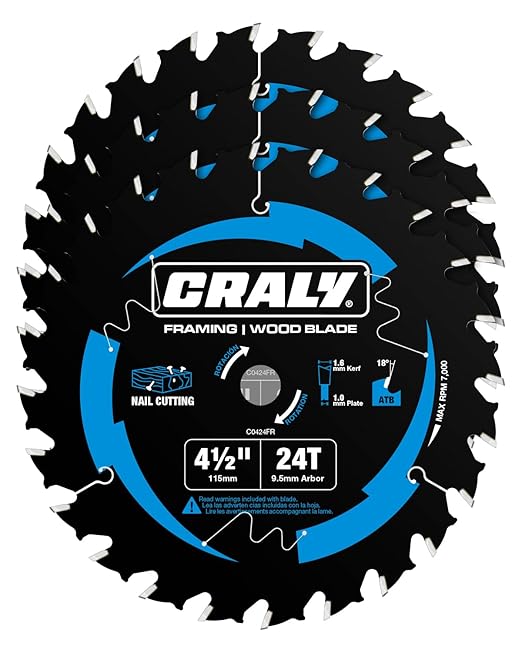 CRALY 4-1/2 Inch 24 Teeth Wood Cutting Framing Circular Saw Blade, 3/8 Inch Arbor, Carbide Tipped, Thin Kerf, Black Ice™ Coating, for Plywood, MDF, OSB, Laminated, 3-Pack(C0424FR-3)