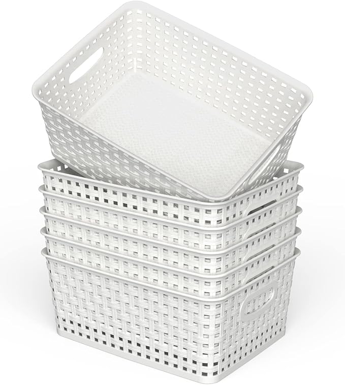 Woven Plastic Storage Baskets, 6 Pack White Weave Bins Organizer, 10.1" x 7.55" x 4.1"