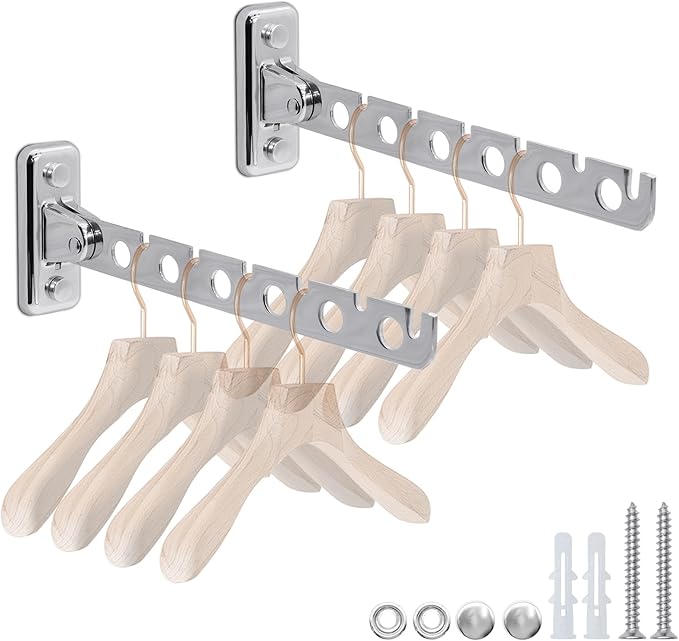 ACNISM Wall Mounted Clothes Rack, Laundry Hanger Wall Mount, Retractable & Foldable Drying Rack with 180° Rotation, Space-Saver for Laundry Room & Bedroom, Bathroom Closet Storage, 2-Pack, Silver