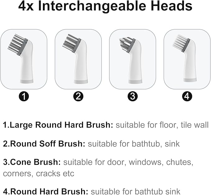 Electric Cleaning Brush with 4 in 1 Multiple Brush Heads, Indoor Household Cordless Motorized Brush for Bathroom Toilet Kitchen Tile Crevice(Grey)