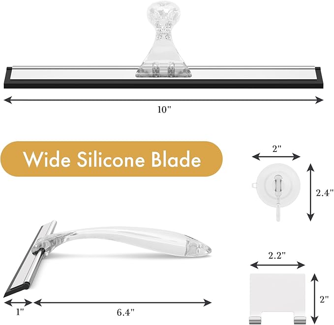 AmazerBath Shower Squeegee for Glass Doors, All-Purpose Squeegee with Suction Hook & Adhesive Hook, Clear Squeegee for Shower Glass, Windows, Mirrors, Tiles and Car Windows - 10 Inches, Clear