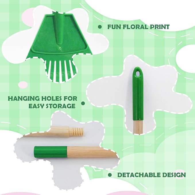 Kids Leaf Rake - 3-Section Adjustable Handle, Lightweight, Wood & Plastic, Small Garden Tool for Children (Green)