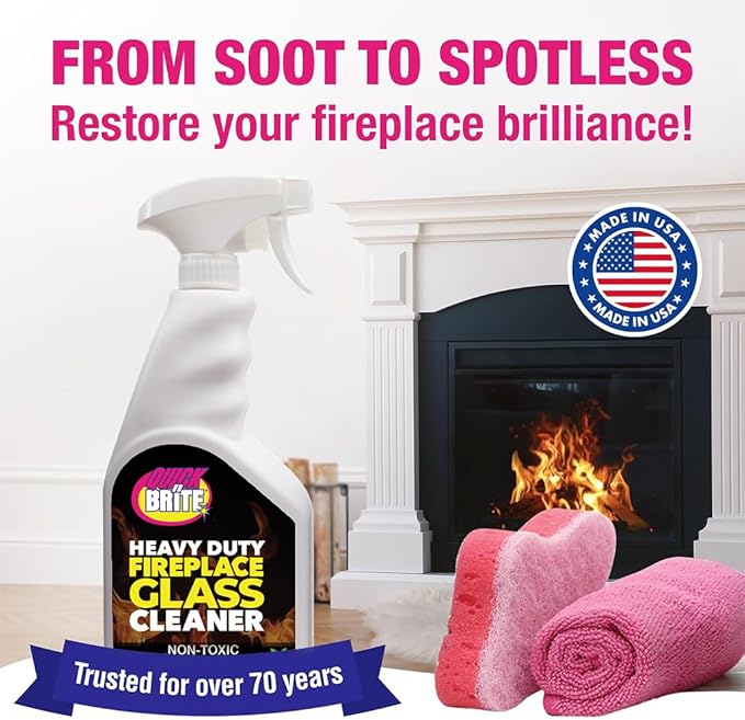 Quick N Brite Fireplace Glass Cleaner 24oz, Nonabrasive Cleaning Spray for Fireplace Glass, Oven Glass, Glass Cooktops, Ceramic-Glass, Microwave Glass