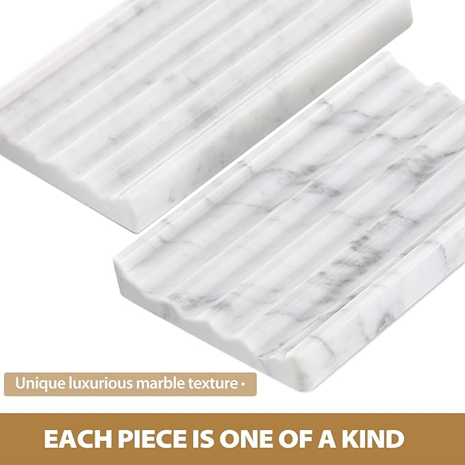 2PCS Koville Italian Natural Marble Soap Dish for Shower, Stone Soap Tray for Bathroom, Bar Soap Holder for Sink, Stripe Grooves Saver Keep Bars Dry Easy Clean (Bianco Carrara)