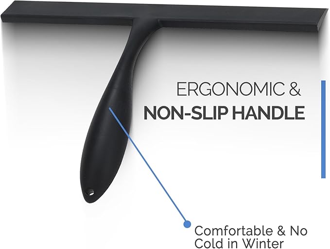 FY&XZH Never Rust Silicone Shower Squeegee for Glass Doors with Hook, Bathroom Cleaner Tool, Household Window and Mirror Squeegee, Ergonomic Thick Handle Squeegee for Shower Glass, 11-Inch (Black)