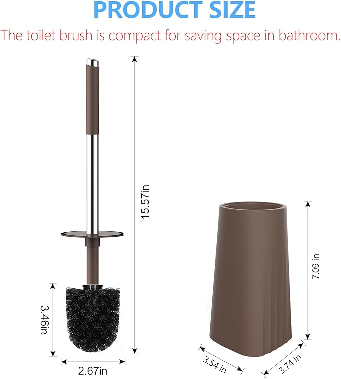 SetSail Toilet Brush, Compact Size Toilet Bowl Brush and Holder Toilet Brushes for Bathroom with Stainless Steel Handle Toilet Cleaner Brush with Durable Scrubbing Bristles, 2 Packs, Brown