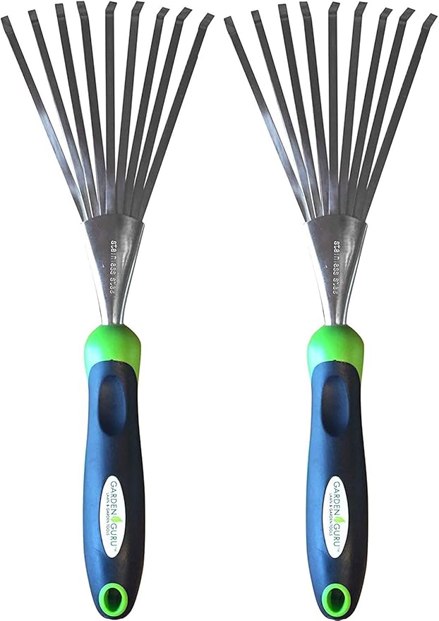 Garden Guru Stainless Steel Hand Rake Soil Tiller with Ergonomic Handle, Great for Gardening, Cultivating, Loosening Soil & Spreading Mulch (2 Pack)