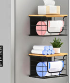 Magnetic Shelf for Fridge Trash Bag Organizer, 2 Pack Stackable Garbage Bag Holder with Bamboo Lid, Magnetic Storage Bin for Refrigerator, Under Sink, Kitchen, Pantry, Small Space Organization – Black