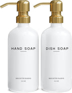 Luxury Glass Hand and Dish Soap Dispenser Set by Brighter Barns - Kitchen Soap Dispenser Set & Stainless Steel Pump - Glass Bottle for Sink - White and Gold Kitchen Accessories for Airbnb, Gift (Gold)