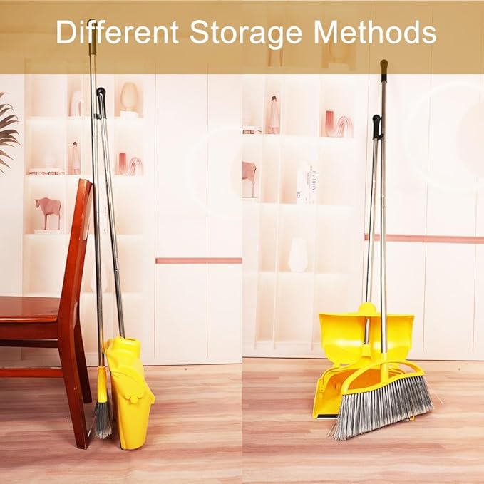 Long Handle Heavy Duty Broom and Dustpan Set, Outdoor and Commercial Upright Dustpan and Brush for Restaurant Garage Garden Yard Office, Yellow