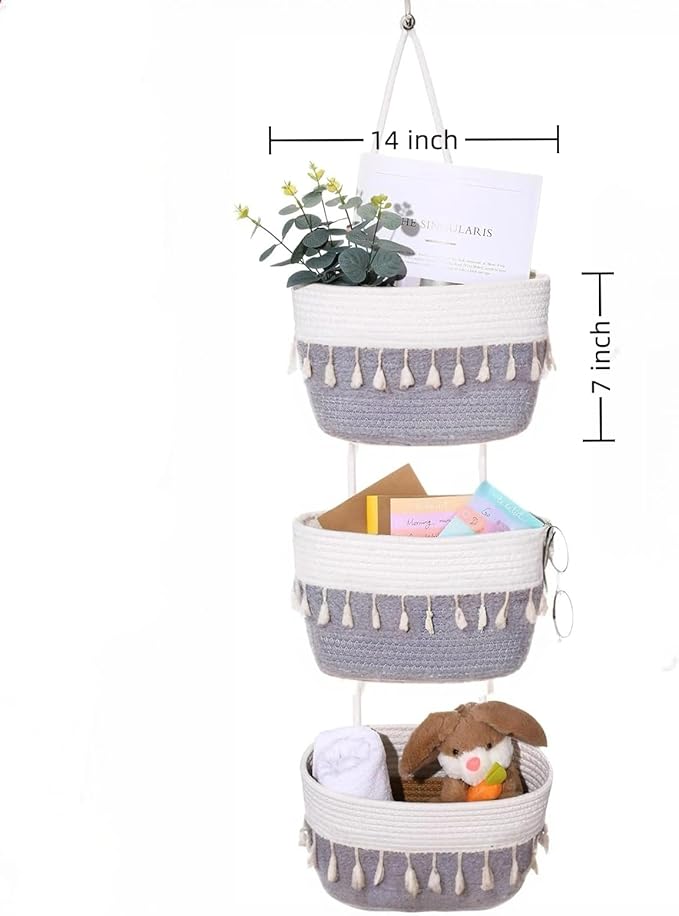 Hanging Baskets for Organizing,3-Tier Woven Cotton Wall-Mounted Storage Organizer Bag Decorative,Kitchen,Living Room,Bedroom,Nursery