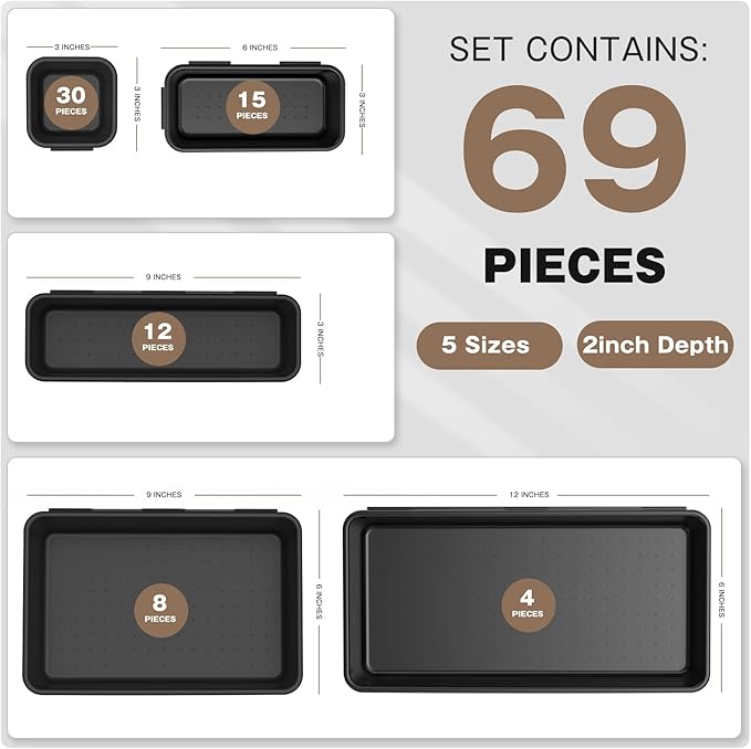【More Larger Size】A-LUGEI【69Pcs】【5 Size】 Tool Box Organizer Tray Divider Set, 【Black】 Desk Drawer Organizer, Garage Organization and Storage Toolbox for Rolling Tool Chest Cart Cabinet WorkBench Parts