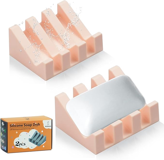 Silicone Soap Dish for Bar Soap Holder for Shower Bathroom Self Draining Waterfall Drying Tray Keep Soap Bars Dry Clean & Easy Cleaning (Pink*2, 2)