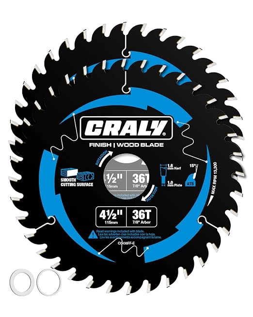 CRALY 4-1/2 Inch 36 Teeth Fine Finish Wood Cutting Circular Saw Blade, 7/8 Inch Arbor, Carbide Tipped, Thin Kerf, Black Ice™ Coating, for Plywood, MDF, OSB, Laminated, 2-Pack(C0436FF-2E)