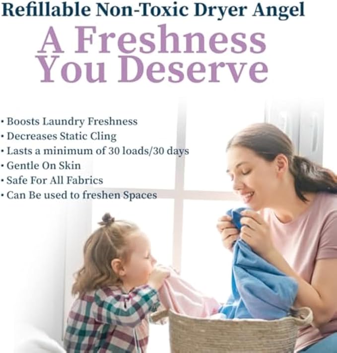 Dryer Angel - Natural Dryer Sheet Alternative, Non-Toxic Reusable Fabric Softener Sheets and Scent Booster, Safe for Babies and Sensitive Skin, Laundry Room Essentials - 2 Packs + 2 Refills
